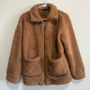 PRETTY GARDEN Women‎ Brown Teddy Bear Fleece Zip Up Jacket Size S